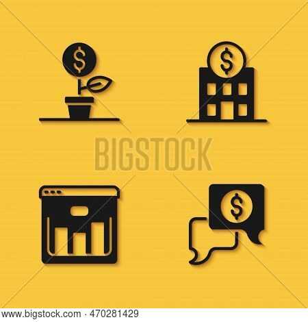 Set Dollar Plant, Business Negotiations, Browser With Stocks Market And Bank Building Icon With Long
