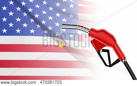 Gasoline Fuel Pump Nozzle With Drop Oil On Usa Flag Background. Eps10 Vector