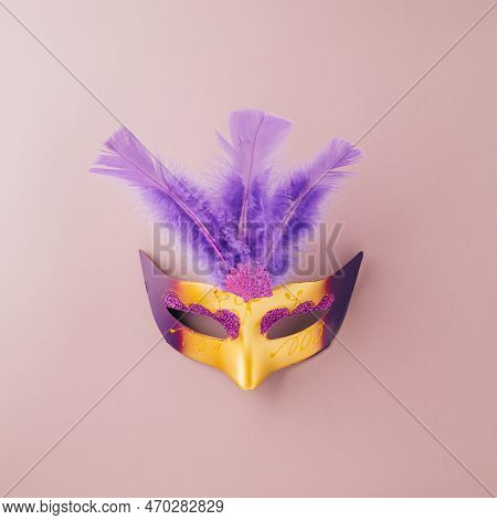 Venetian Mask, Carnival Mask For Mardi Gras Celebration Isolated On Purple Background Banner Design 