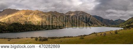 Panoramic View Of Moke Lake Surrounded By Mountains Near Queenstown In New Zealand