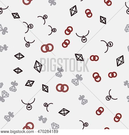 Set Line Gem Stone, Locket Necklace, Stud Earrings And Wedding On Seamless Pattern. Vector