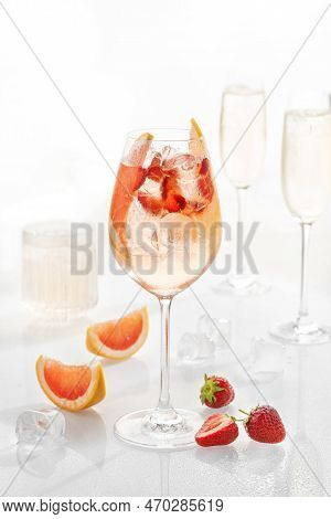 Cocktail Mix In Glass On White Background With Gyn And Vodka ,mint And Strawberry.