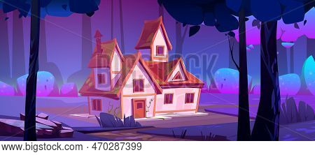 Forest Landscape With House And Trees At Night. Fantasy Magic Wood With Old Cottage On Glade, Plants