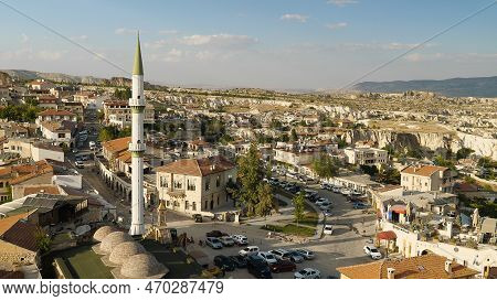 An Aerial View Of The Minaret In The Central Anatolian Region Of Cappadocia. View Of The Village Of 