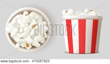 3d Set Of Full Popcorn Bucket Top And Side View. Realistic Vector Illustration Of Striped Paper Cup 
