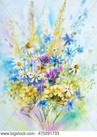 Abstract Colorful Flowers Watercolor Painting. Spring Multicolored In Natureflowers Bouquet.