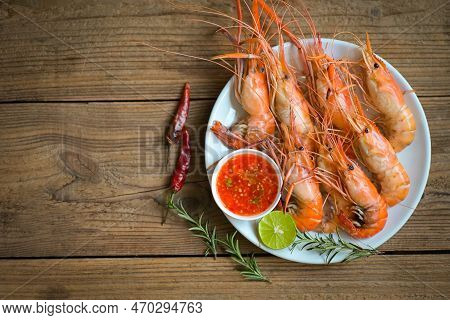 Shrimp Grilled Delicious Seasoning Spices On White Plate Background Appetizing Cooked Shrimps Baked 