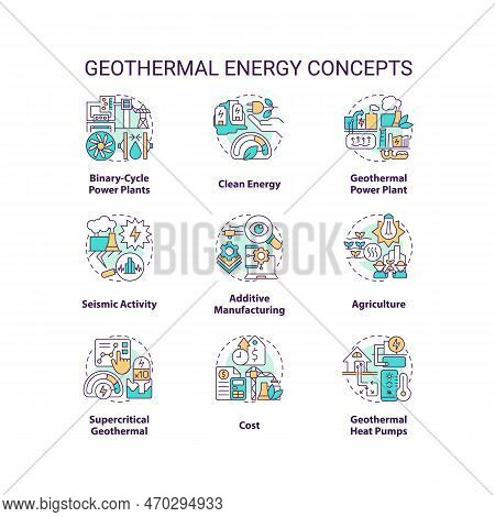 Geothermal Energy Concept Icons Set. Power Station. Generate Electricity Idea Thin Line Color Illust