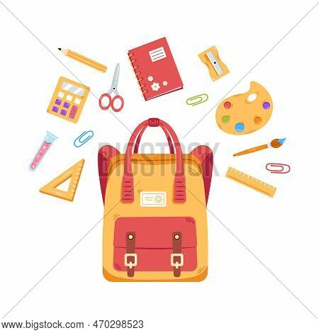 Vector School Backpack With School Supplies. School Supplies Flying Over The Schoolbag. Back To Scho