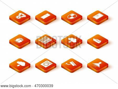 Set Cloud Upload, Washer, Ship, Server, Data, Web Hosting, Security Camera And Download Icon. Vector