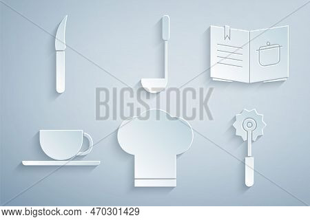 Set Chef Hat, Cookbook, Coffee Cup, Pizza Knife, Kitchen Ladle And Knife Icon. Vector