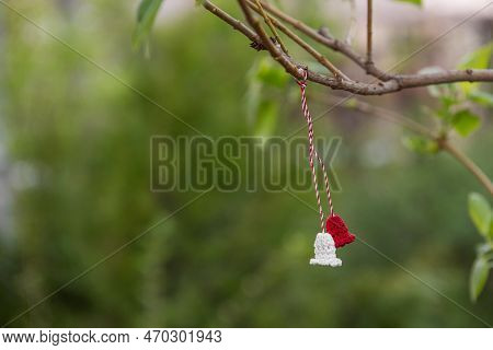 Symbol Of The First Day Of Spring Martisor. Tradition Of Giving Red And White Souvenir. Copy Space