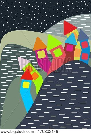 Mountain Line Art Print. Houses And Homes On Scaur. Colorful Buildings. Abstract Mountain Contempora