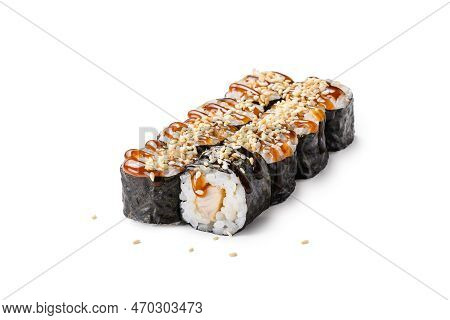 Rolls With Eel With Unagi Sauce. Japanese Sushi On A White Background