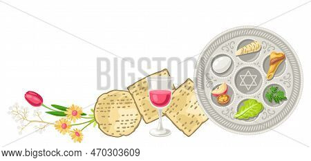 Happy Pesach Jewish Passover Plate Illustration. Holiday Background With Traditional Symbols.