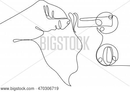 Continuous One Line Drawing Of Coronavirus Covid Prevention Cleaning Woman Wiping Doorknob With Anti