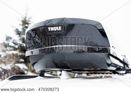 Ternopil, Ukraine - January 27, 2023: Thule Roof Mounted Cargo Box On Car.