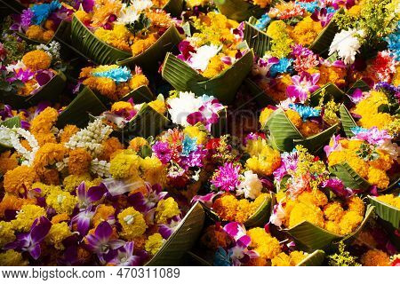 Sacrificial Offering Flowers Floral Set In Banana Leaf Basket For Thai People Respect Praying And Ri