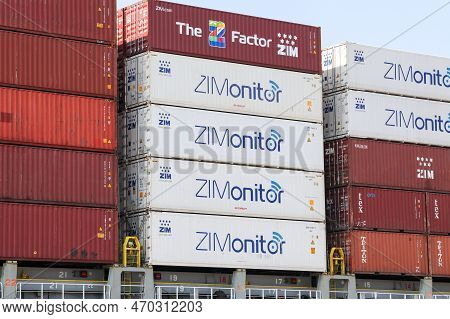 Shipping Port Of Haifa, Israel - October 25, 2021: Zim Shipping Company Logo On A Shipping Container