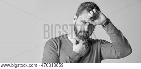 Mature Man With Beard Has Heacache Suffer From Headahce On Grey Background, Malaise. Man Face Portra