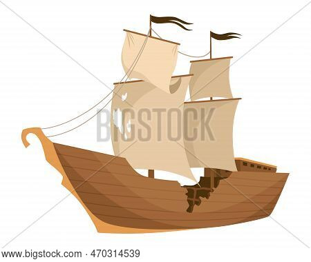 Broken Ship Icon. Cartoon Wooden Battered Ship With Tattered Flag And Sails After Wreck Or Attack. D