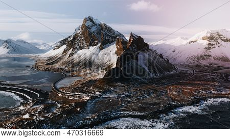 Drone View Of A Snow Covered Eystrahorn Mountain In Iceland