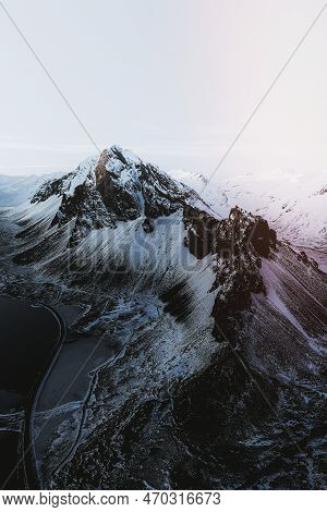 Drone View Of A Snow Covered Eystrahorn Mountain In Iceland