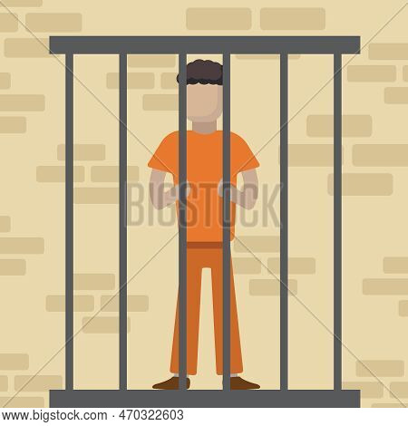 Prisoner, Arrested Gangster Sitting In Detention Cell, Prison.vector Simple Flat Cartoon Graphics, C