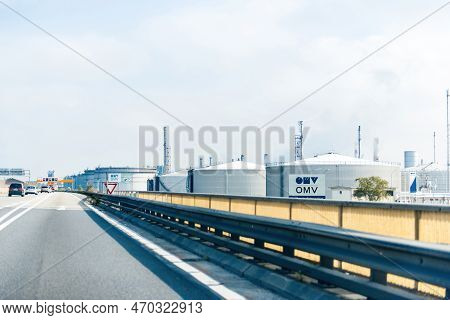Vienna, Asutria - Sep 30, 2014: Perspective View Over Highway Next To The Multiple Large Storage Tan