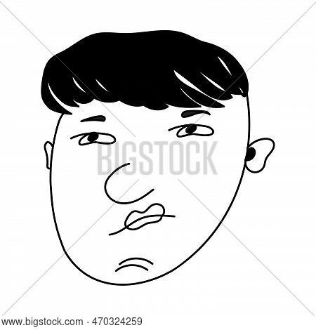 Distrustful, Contemptuous Face Of A Guy, Monochrome Head Of A Man On A White Background.