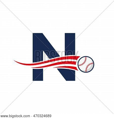 Letter N Baseball Logo Concept With Moving Baseball Icon Vector Template