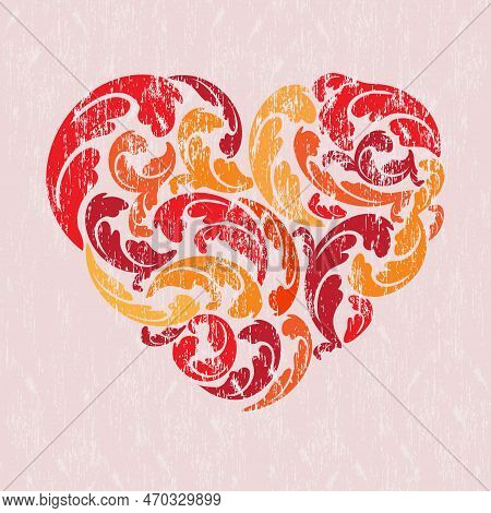 Abstract Floral Leavel Heart Shape With Red Colors. Valentines Day Pattern Isolated On Pink Backgrou