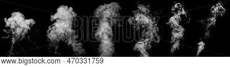 A Set 5 Of Different Steam, Smoke, Gas Isolated On A Black Background. Swirling, Writhing Smoke To O