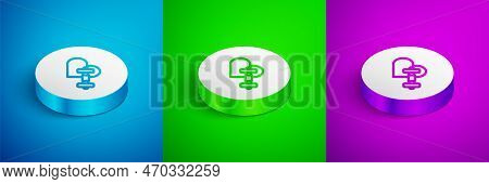 Isometric Line Dumbbell With Heart Icon Isolated On Blue, Green And Purple Background. Muscle Liftin