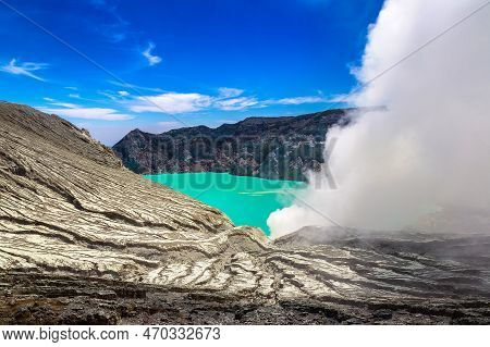 Panoramic Aerial View Crater Of Active Volcano Ijen, Java Island, Indonesia