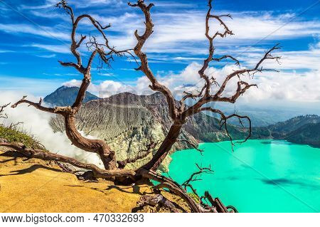 Panoramic Aerial View Crater Of Active Volcano Ijen And Dead Tree, Java Island, Indonesia
