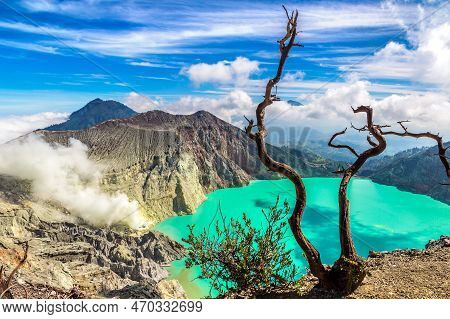 Panoramic Aerial View Crater Of Active Volcano Ijen And Dead Tree, Java Island, Indonesia