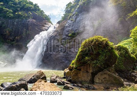 Dunhinda Waterfall In A Sunny Day In Sri Lanka