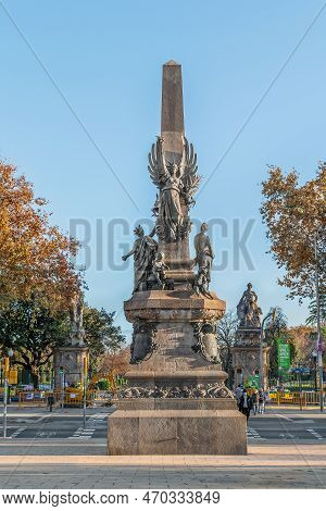 Barcelona, Spain -november 26,2021: Back Of The Monument To The Mayor Francesc De Paula Rius I Taule
