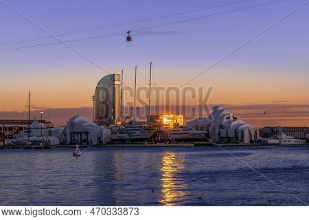 Barcelona, Spain - November 26, 2021: Seascape With Hotel W On The Horizon At The Port Of Barcelona 