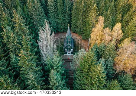 Aerial View Of Wooden Rural Chapel Called Tichackova Kaple In Broumovsko Region,czech Republic.catho