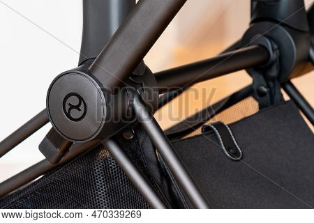 Novi Sad, Serbia - 15 January, 2023: Logo Of Cybex Platinum Brand On Black Baby Stroller. Cybex Is G