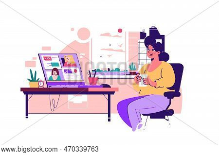 Girl Sits At Desk With Laptop And Video Conference With Colleagues, Vector Illustration. Woman Admir