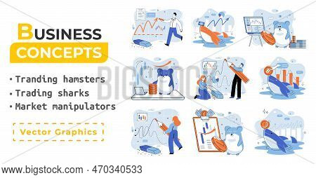 Stock Market Manipulation Concepts Set, Change Business Graph Indicator, Influence Crypto Currency P