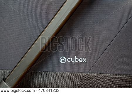 Novi Sad, Serbia - 15 January, 2023: Logo Of Cybex Platinum Brand On Black Baby Stroller. Cybex Is G