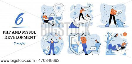 Php And Mysql Development Metaphor. Software Website Developer With Computer, Programmer Service, Op