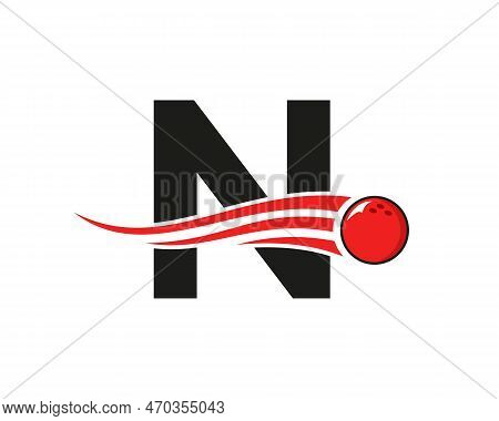 Letter N Bowling Logo. Bowling Ball Symbol With Red Moving Ball Vector Template