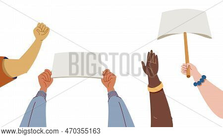 People With Different Skin Tones Raised Arms Holding Blank Placards, Signs And Banner. Modern Flat V