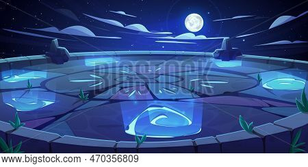 Stone Platform For Battleground At Night, Vector Cartoon Ancient Game Temple Background. Maya Arena 
