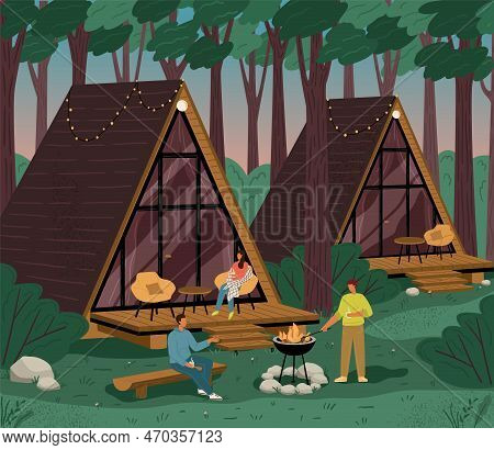 Glamping And Camping In Nature, Vector Poster With A-frame House. Luxury Aframe House For Recreation